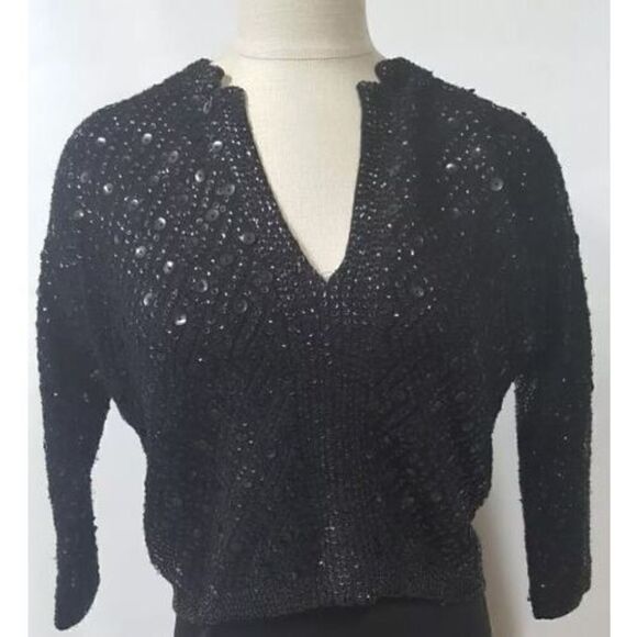 Cyn Les Short Black V Neck Sweater size 36 US Small Sequins Lined 3/4 Sleeve Vtg - Picture 1 of 9